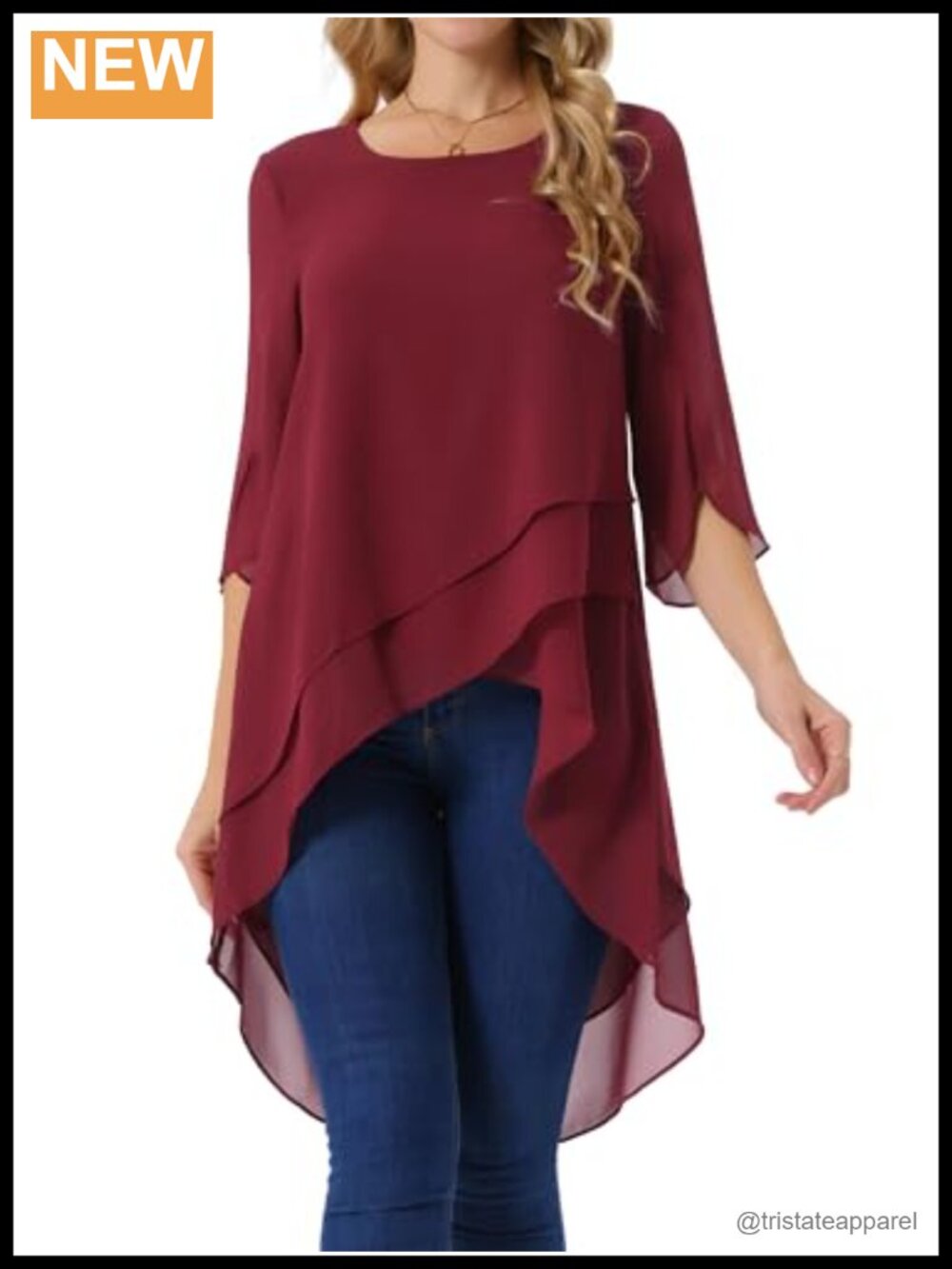 Women's High Low Chiffon Blouse 3/4 Bell Sleeve Casual Fall Tunic Top